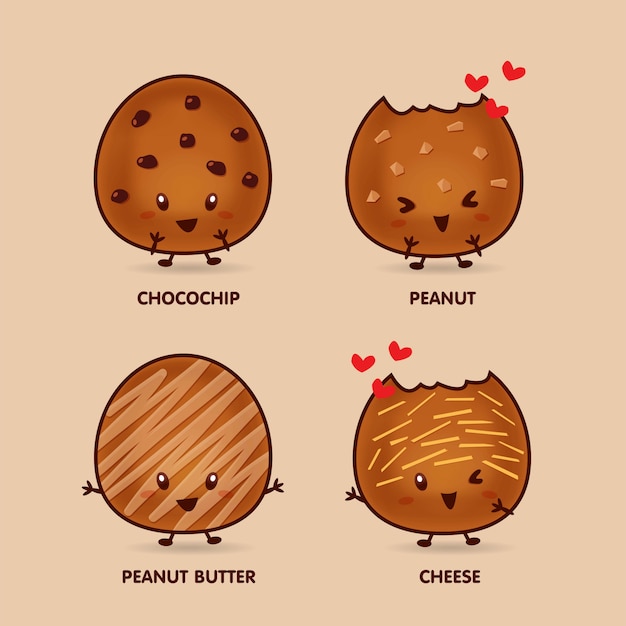 Cute cookies character in four flavors