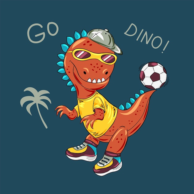 Cute cool dinosaur playing football Cartoon line art vector illustration of mascot character Design for print perfect for boys tshirt pajama clothes