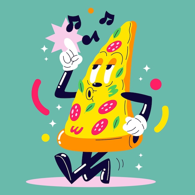 Cute cool happy pizza slice whistling cartoon vector icon illustration food mascot