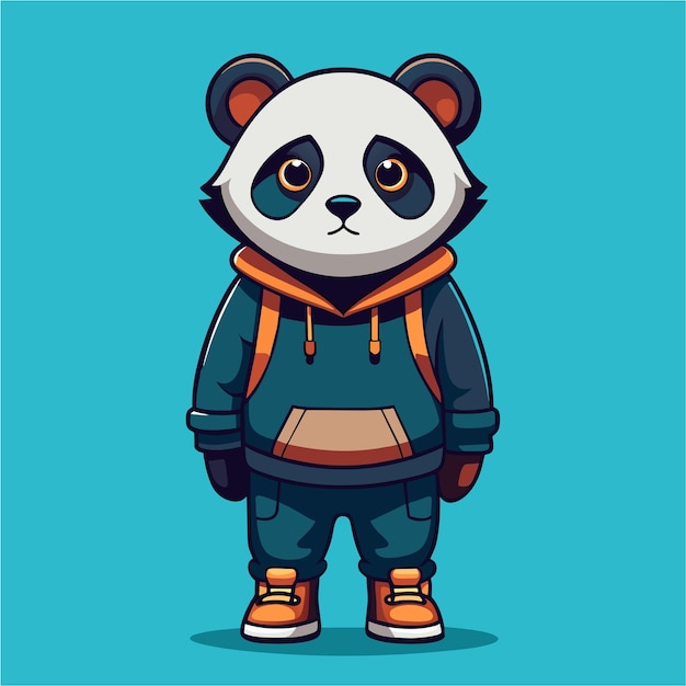 Cute cool panda wearing jacket and sneaker hand drawn cartoon character sticker icon concept