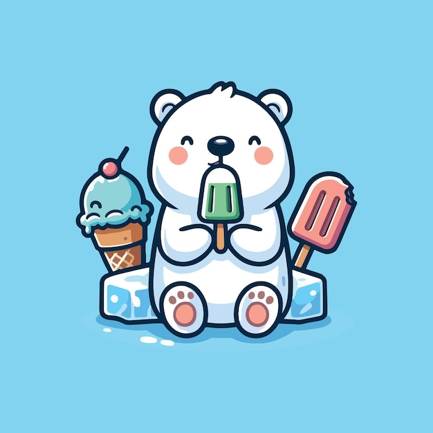 Cute Cool Polar Bear Eating Ice Cream Popsicle On Ice Cartoon Vector Icon Illustration