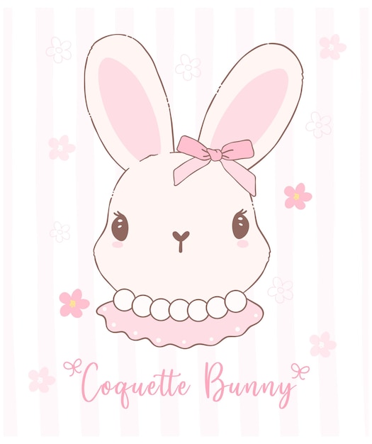 Vector cute coquette bunny face with bow cartoon sweet retro happy easter spring animal