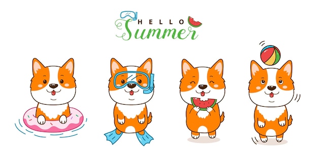 cute corgi cartoon summer set