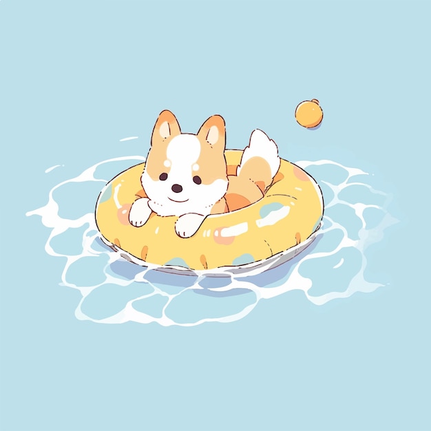 Vector cute corgi dog floating with a life buoy in the pool cartoon style drawing dog swimming in the pool