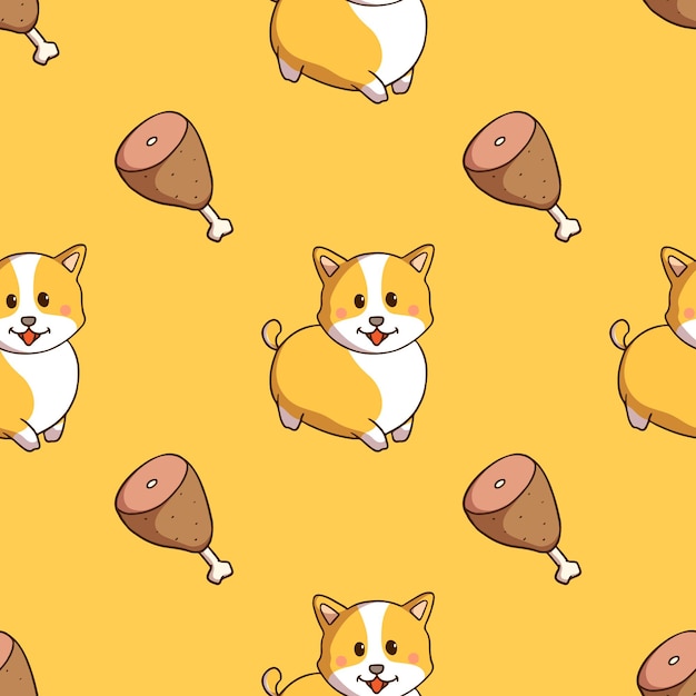 cute corgi dog and leg meat seamless pattern with doodle style on yellow background