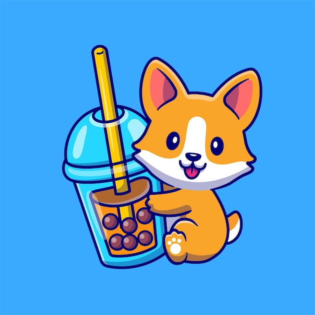 Cute Corgi Dog With Boba Milk Tea Cartoon Vector Icon Illustration. Animal Drink Icon Concept Isolated Premium Vector. Flat Cartoon Style