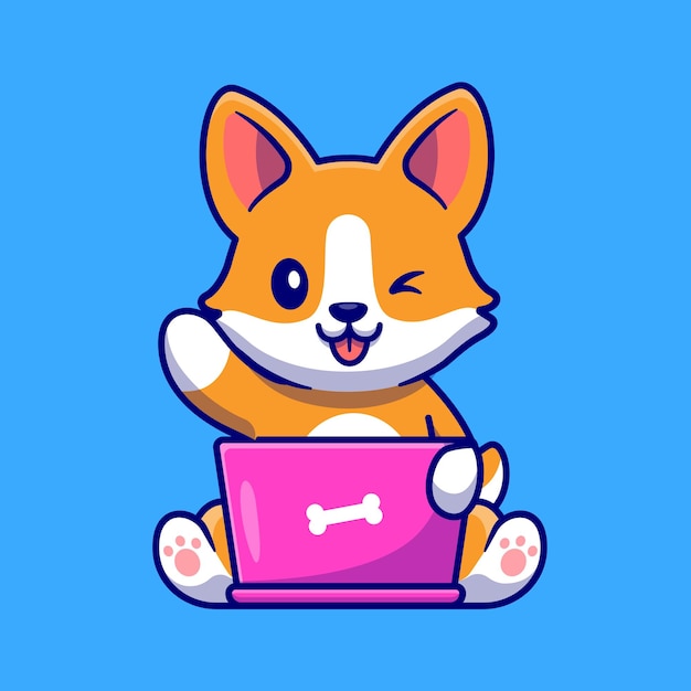 Cute Corgi Dog Working On Laptop Cartoon Vector Icon Illustration. Animal Technology Icon Concept Isolated Premium Vector. Flat Cartoon Style