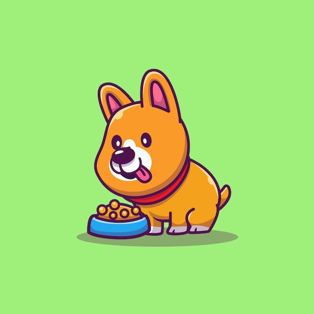 Cute Corgi Eating Dog Food Cartoon   Icon Illustration. Animal Icon Concept Isolated  . Flat Cartoon Style