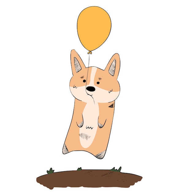 Cute corgi is flying in a yellow color balloon