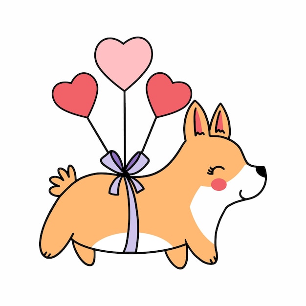 Vector cute corgi puppy and heart shaped balloons vector icon for valentine's day hand drawn illustration funny pet postcard decor element