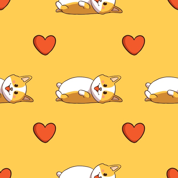 cute corgi sleeping and love icon in seamless pattern with doodle style on yellow background