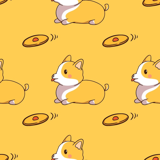 cute corgi with toy in seamless pattern with doodle style on yellow background