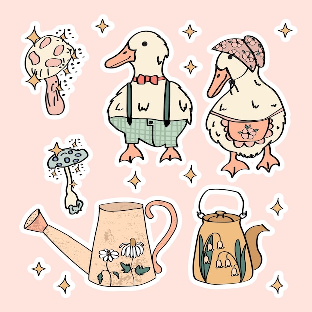 Cute cottagecore stickers collection with ducks and mushrooms