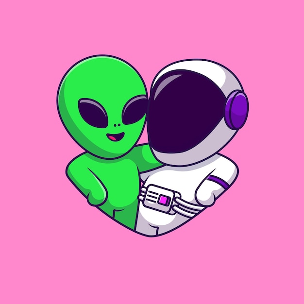 Cute Couple Astronaut And Cute Alien Cartoon Vector Icons Illustration