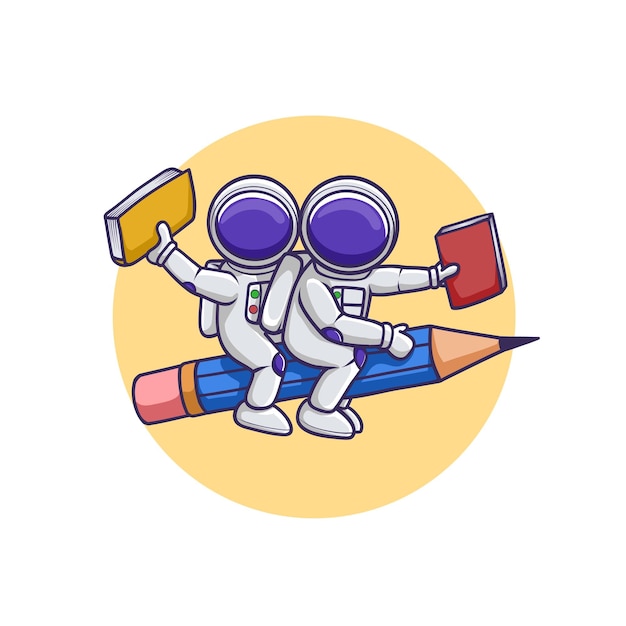 Cute Couple of Astronaut Holding book Flying With Pencil Rocket Cartoon Vector Icon Illustration