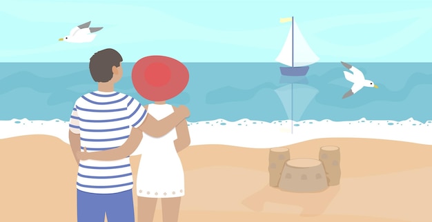 Cute couple at the beach Woman and man om summer vacations Happy family vector illustration