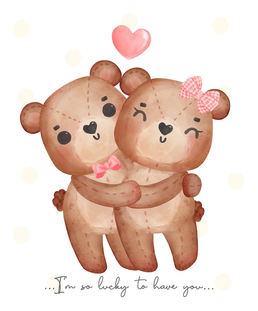 Cute couple brown teddy bears boy and girl hug each other Happy Valentine adorable cartooon