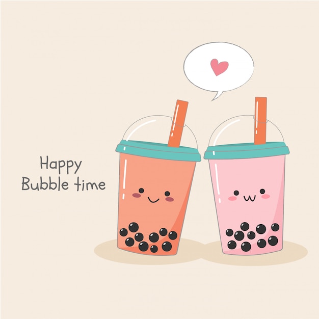 Vector cute couple bubble milk ice tea in plastic container banner