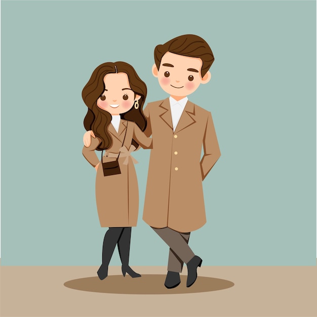 Cute couple cartoon character in brown suit hold together