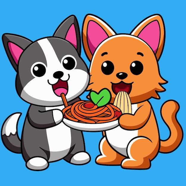 Vector cute couple cat and corgi dog eating spaghetti together cartoon vector icon illustration animal food icon concept isolated premium vector flat cartoon style