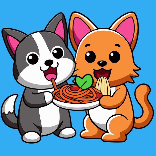 Vector cute couple cat and corgi dog eating spaghetti together cartoon vector icon illustration animal food icon concept isolated premium vector flat cartoon style