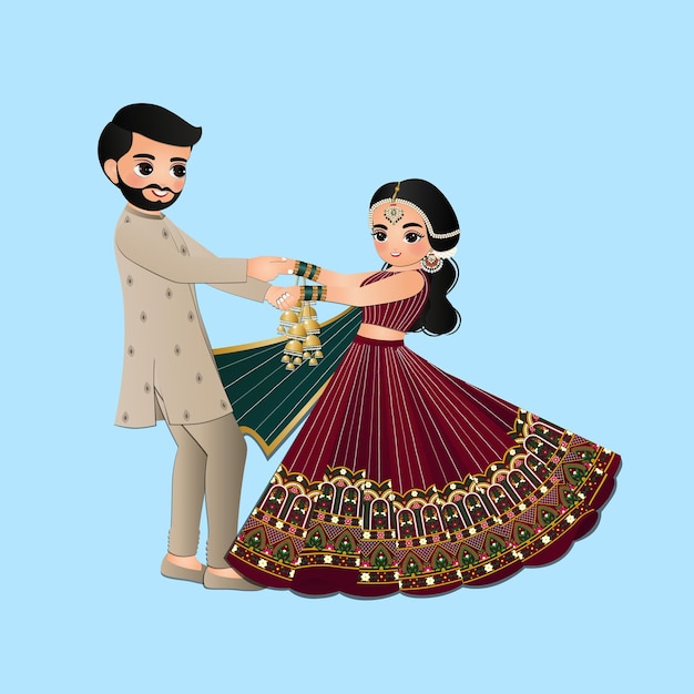 Cute couple dance in traditional indian dress cartoon characters bride and groom