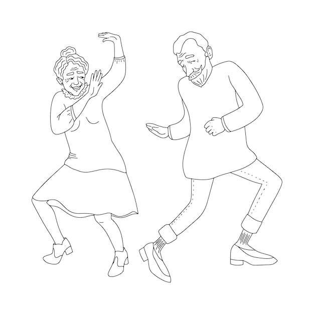 Cute couple of elderly people are dancing a fun dance Grandpa and grandma are dancing a retro dance Dance duo outline Vector