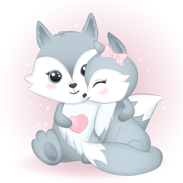 Cute couple Fox and Heart watercolor illustration