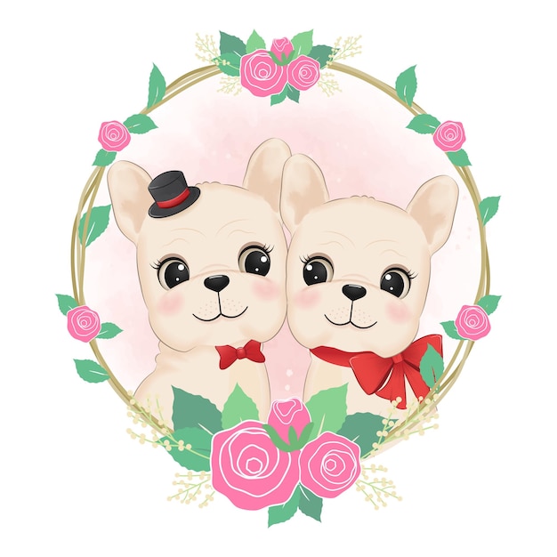 Cute Couple French Bulldog in flower frame valentine's day concept