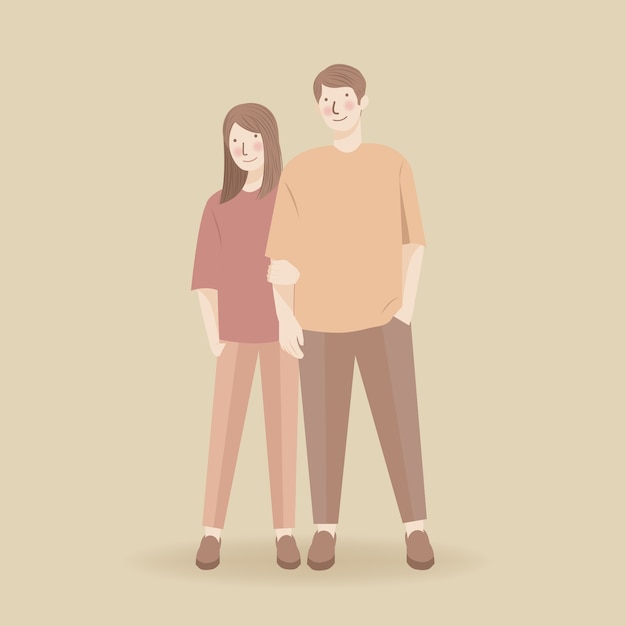 Cute Couple Holding Hand, Hugging, embracing in casual outfit, Romantic cute couple illustration character, wedding couple