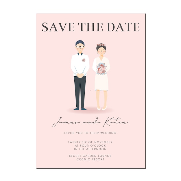 Cute Couple Illustration Wedding Invitation, Save the Date template with couple cartoon character.