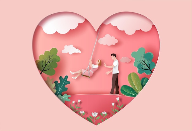 Cute couple in love in the park in paper illustration