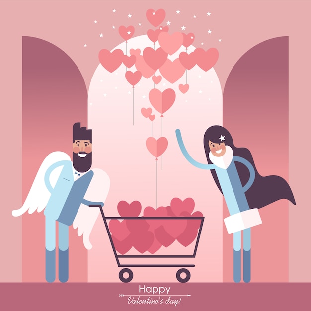 Cute couple in love with Shopping cart and valentines heart-shaped balloons