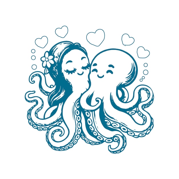 Cute couple of octopuses with heart Valentines card with funny character in love We complete each