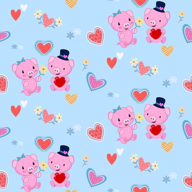 Cute couple pig with flowers and heart shape seamless pattern. This pattern can be use for fabric textile wallpaper wrap paper.