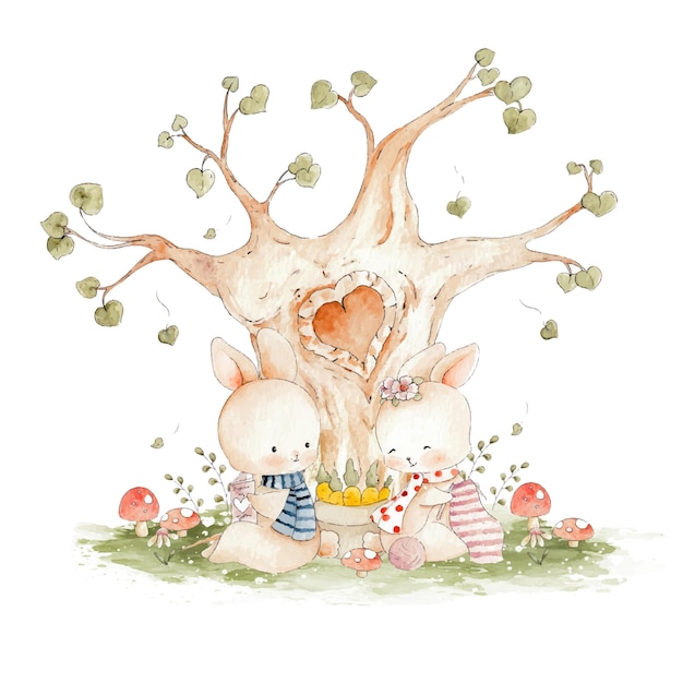 cute couple rabbit sitting under the tree watercolor illustration