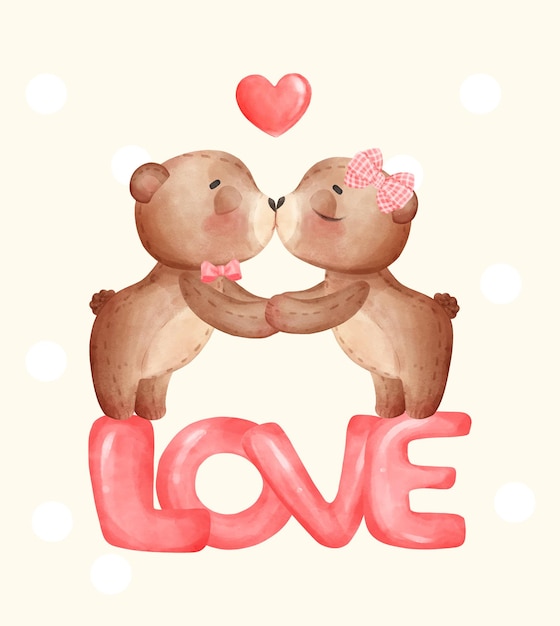 Cute couple teddy bear dolls kissing and holding hand together on shiney LOVE letter adorable cartoon watercolor hand drawn vector illustratrion