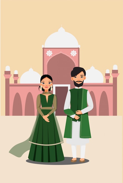 Cute couple in traditional dress with famous Pakistand masjid buiding vector