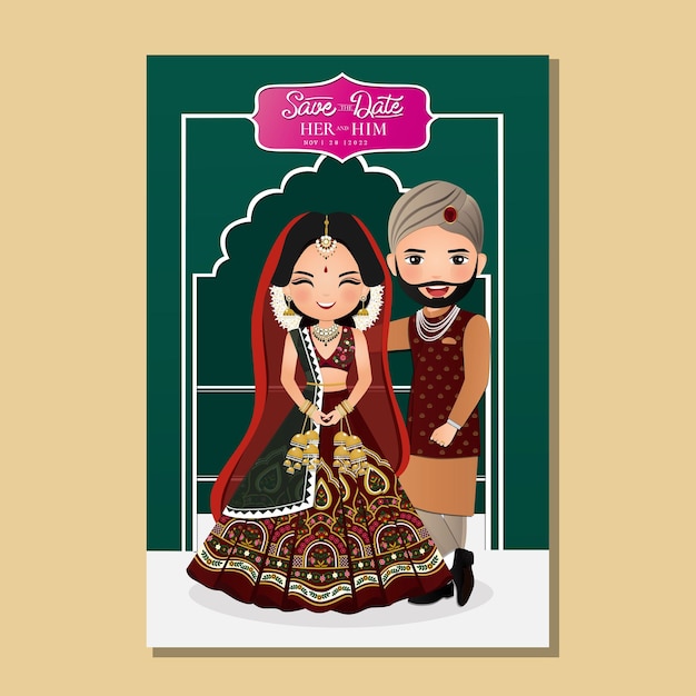 Cute couple in traditional indian dress cartoon characterRomantic wedding invitation card