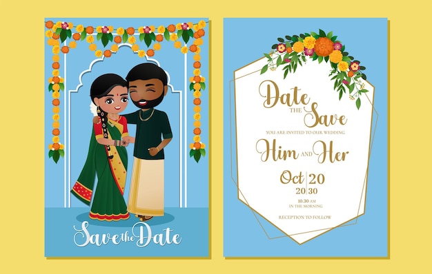 Cute couple in traditional indian dress cartoon characterRomantic wedding invitation card