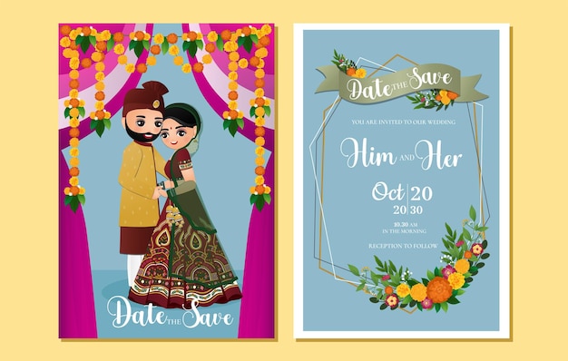 Cute couple in traditional indian dress cartoon characterRomantic wedding invitation card