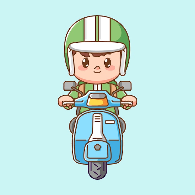 Cute courier boy riding scooter delivery packet kawaii chibi character mascot illustration