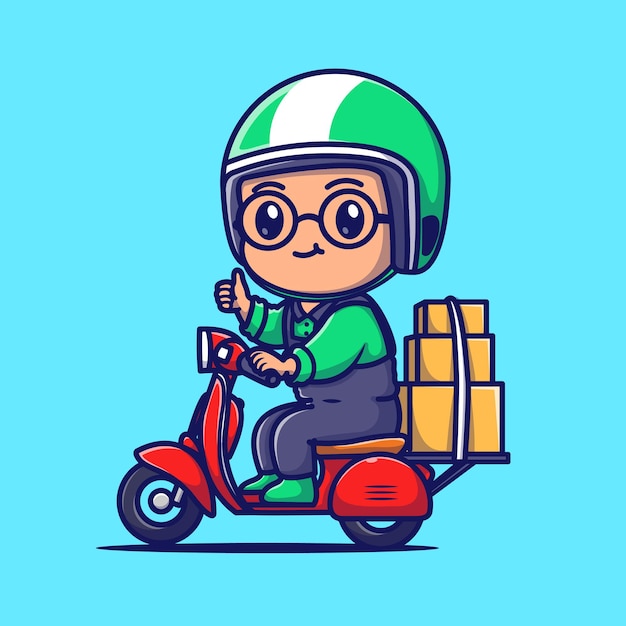 Cute Courier Delivery Package Cartoon Vector Icon Illustration. People Transportation Icon Concept Isolated Premium Vector. Flat Cartoon Style