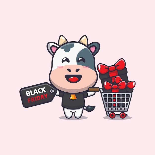 Cute cow in black friday cartoon mascot illustration