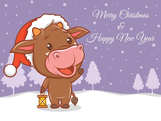 Cute cow cartoon character with merry Christmas and happy new year greeting banner