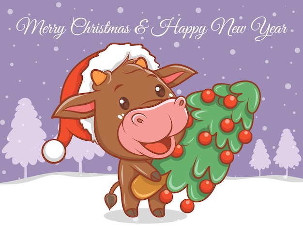 Cute cow cartoon character with merry Christmas and happy new year greeting banner