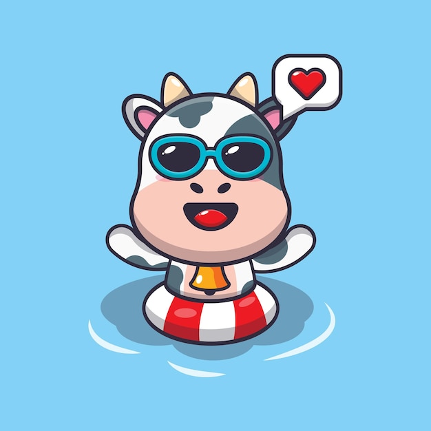 Cute cow cartoon mascot character swim in beach on buoy