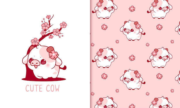 Cute cow and cherry blossoms blooming seamless pattern kawaii wallpaper