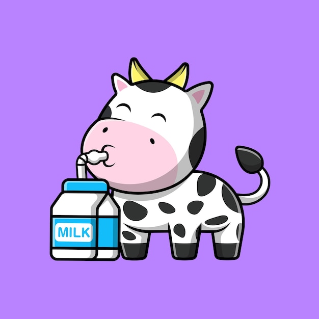 Cute Cow Drink Milk With Straw Cartoon Vector Icons Illustration