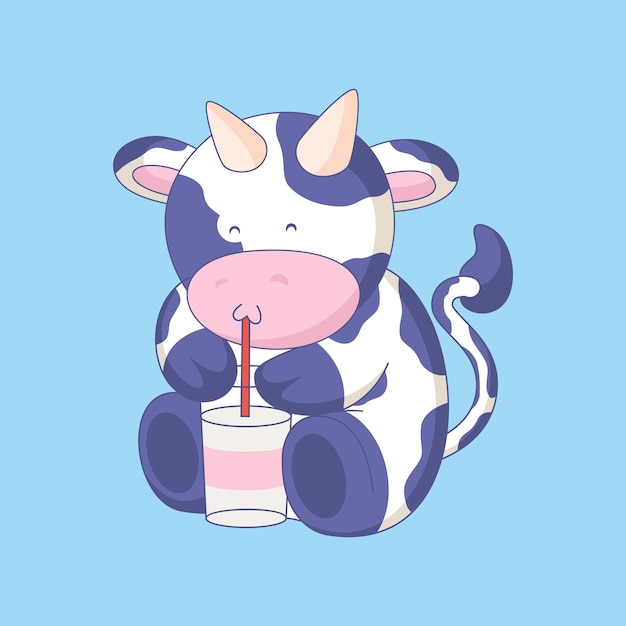 Cute cow drinking a glass of milk vector illustration